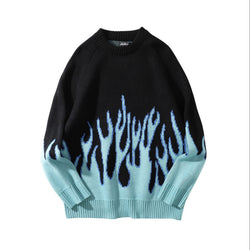 Sweater Men Streetwear Retro Flame Pattern Hip Hop